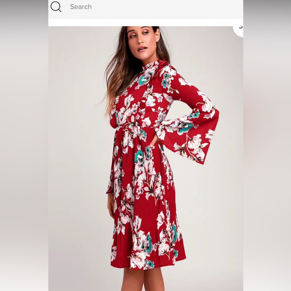Like New Lulu's Garden Glory Wine Red Floral Ruffle Dress w Bell Sleeves